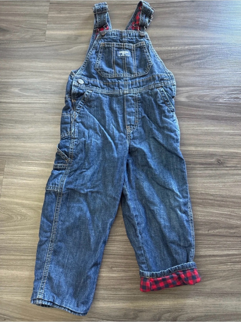 Kids OshKosh B’gosh Blue Denim Overalls with Red/Navy Buffalo Check Cuff Size 4T